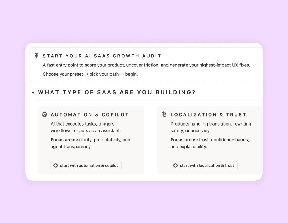 Start Here view in Notion showing AI SaaS presets